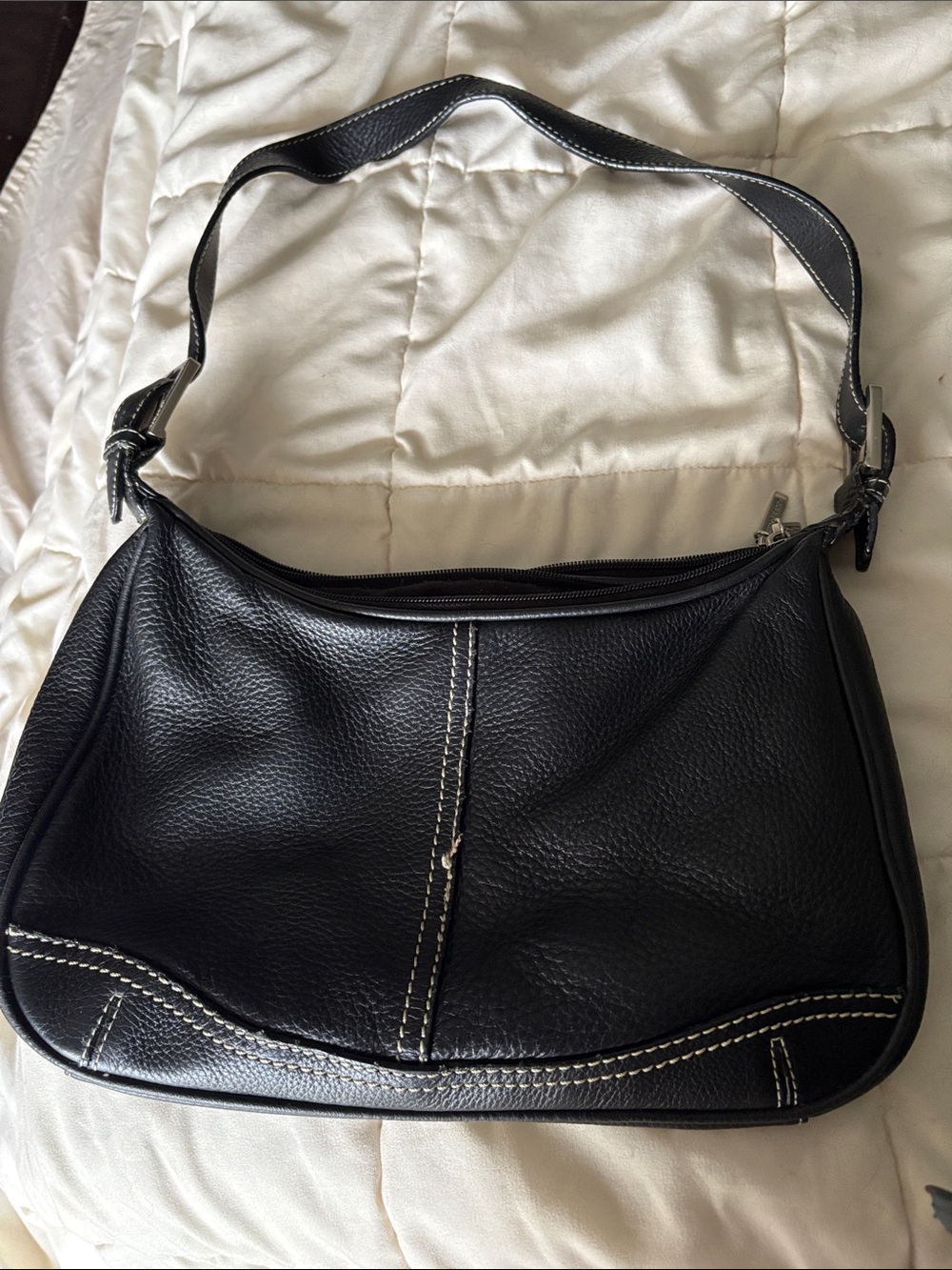 Stone & Co. Black Leather Shoulder Bag with White Stitching